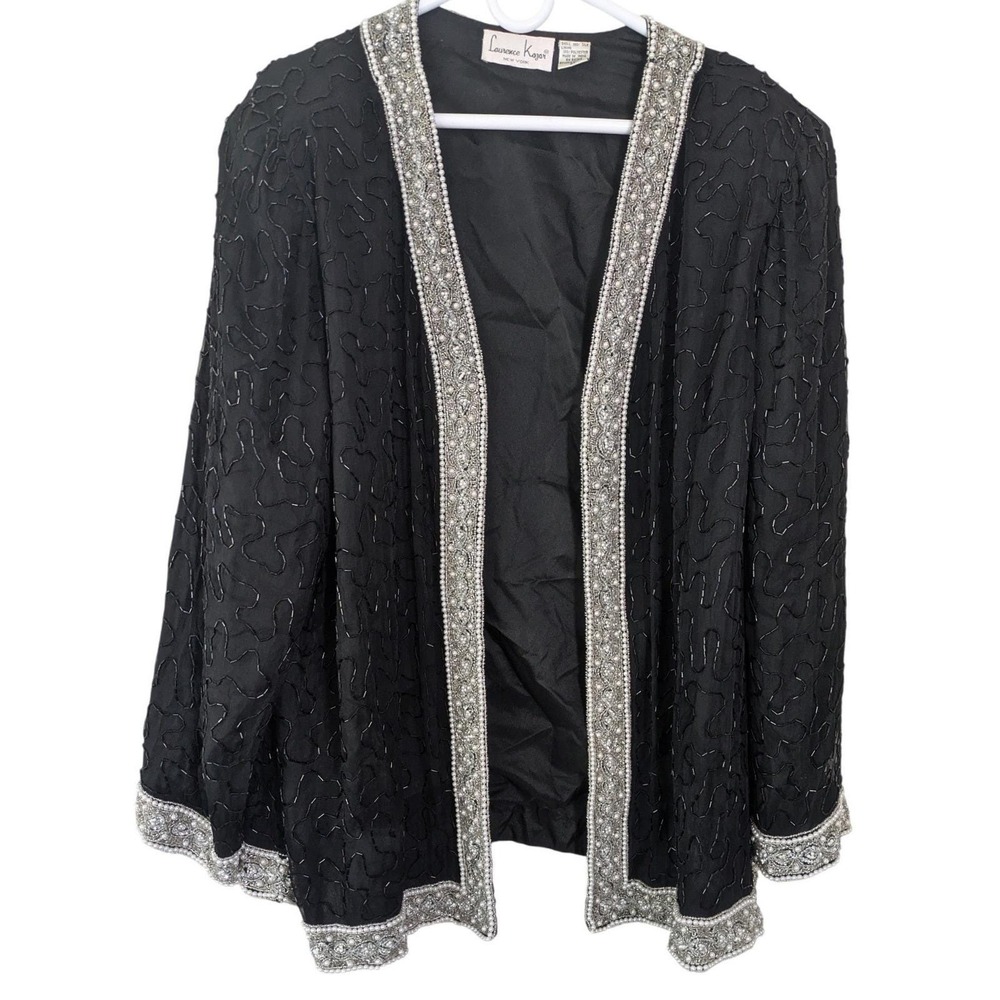 Vintage 90s Laurence Kazar Silk Hand-Beaded Pearl & Sequin Trophy Cardigan 3X